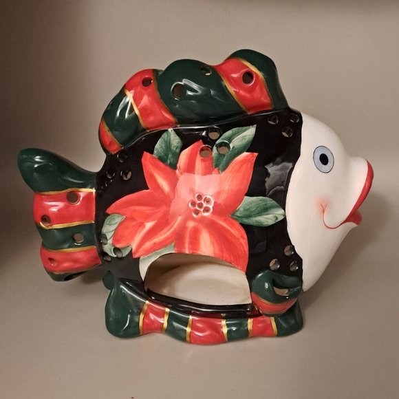 Apple Tree Designs Christmas Poinsettia Fish Tea Light Or Votive Candle Holder - Picture 4 of 10